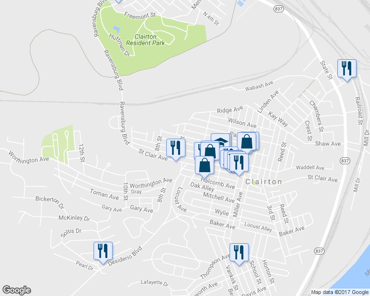 map of restaurants, bars, coffee shops, grocery stores, and more near 637 Waddell Avenue in Clairton