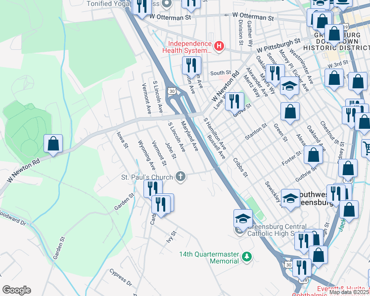 map of restaurants, bars, coffee shops, grocery stores, and more near 365 Grove Street in Greensburg