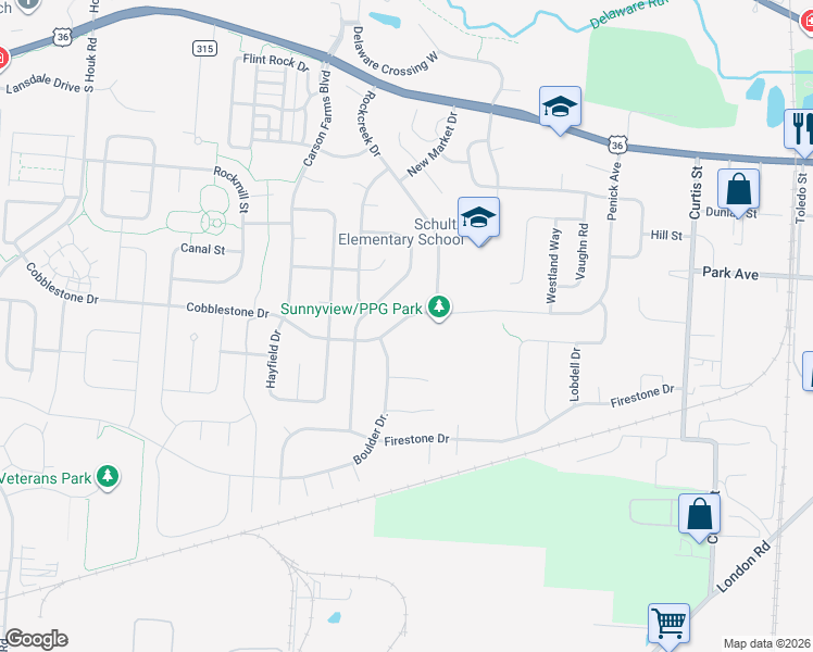 map of restaurants, bars, coffee shops, grocery stores, and more near 289 Cobblestone Drive in Delaware