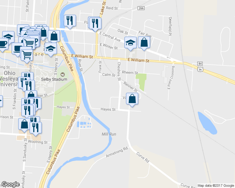 map of restaurants, bars, coffee shops, grocery stores, and more near 104 Cheshire Street in Delaware