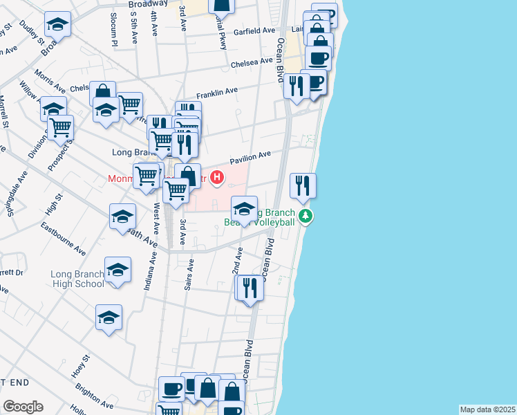 map of restaurants, bars, coffee shops, grocery stores, and more near 67 Dunbar Avenue in Long Branch