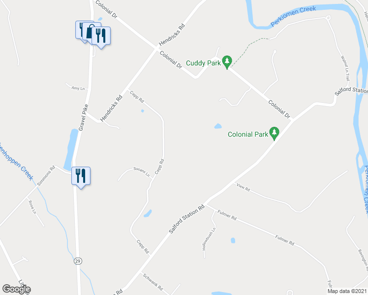 map of restaurants, bars, coffee shops, grocery stores, and more near 39 Cepp Road in Perkiomenville