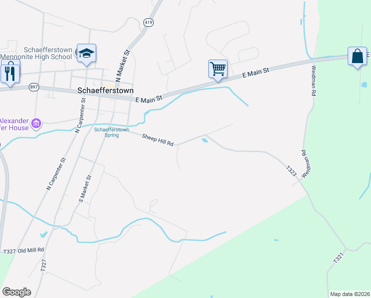 map of restaurants, bars, coffee shops, grocery stores, and more near 212 Sheep Hill Road in Newmanstown