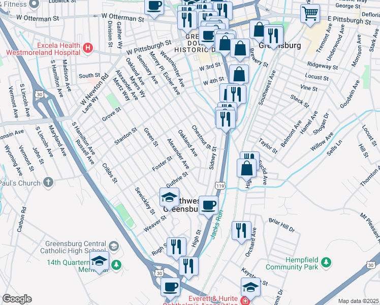map of restaurants, bars, coffee shops, grocery stores, and more near 606 Oakland Avenue in Greensburg