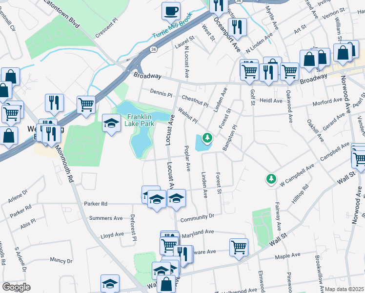 map of restaurants, bars, coffee shops, grocery stores, and more near 68 Locust Avenue in West Long Branch
