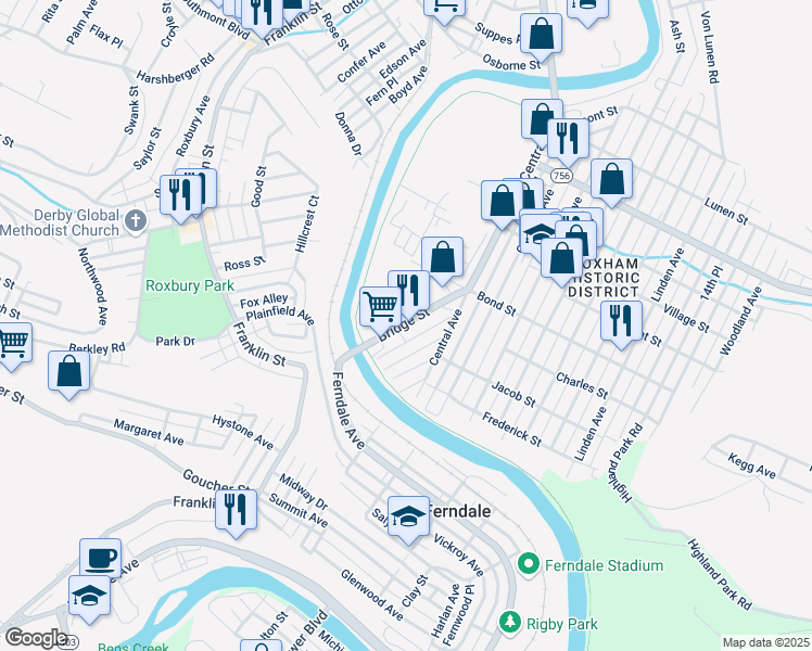map of restaurants, bars, coffee shops, grocery stores, and more near Bridge Street in Johnstown
