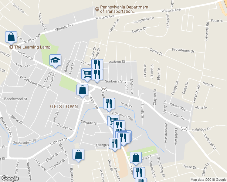 map of restaurants, bars, coffee shops, grocery stores, and more near 2510 Bedford Street in Johnstown