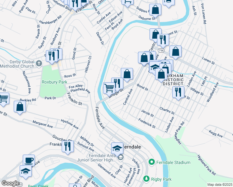 map of restaurants, bars, coffee shops, grocery stores, and more near Bridge Street in Johnstown