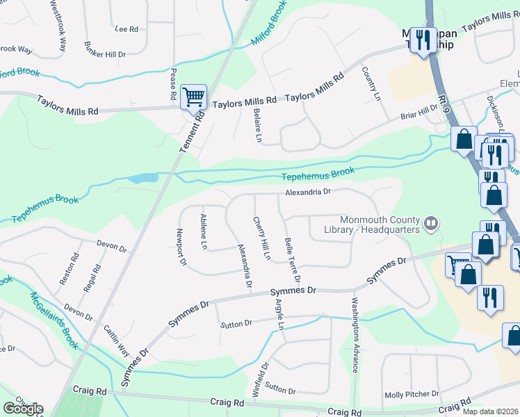 map of restaurants, bars, coffee shops, grocery stores, and more near 30 Cherry Hill Lane in Manalapan Township