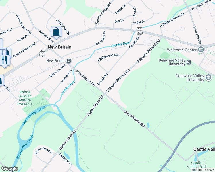 map of restaurants, bars, coffee shops, grocery stores, and more near 190 South Shady Retreat Road in Doylestown