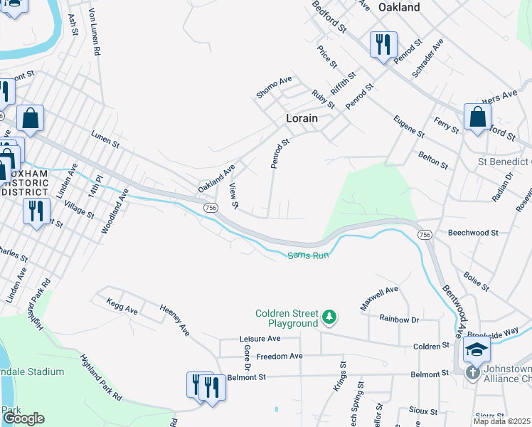 map of restaurants, bars, coffee shops, grocery stores, and more near 276 View Street in Johnstown