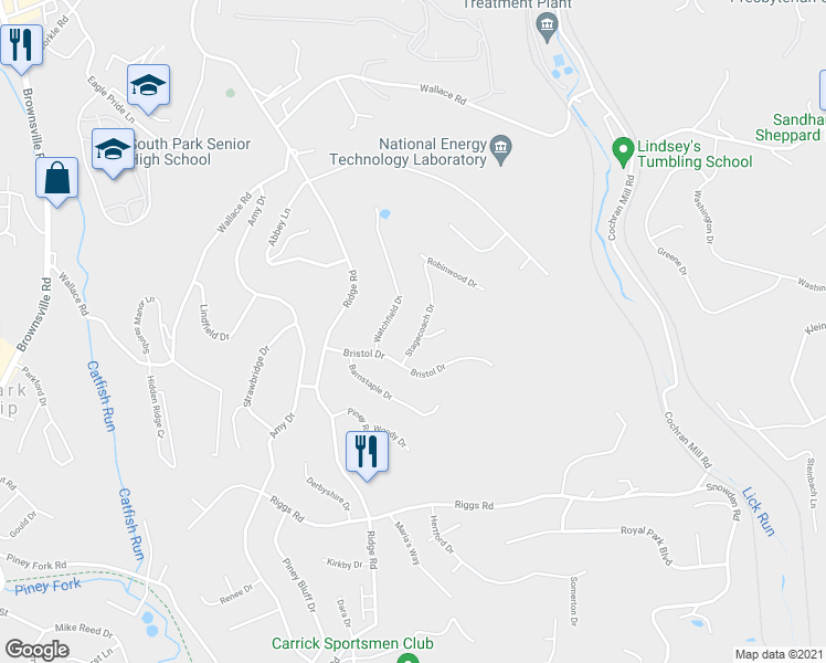 map of restaurants, bars, coffee shops, grocery stores, and more near 2072 Stagecoach Drive in South Park Township
