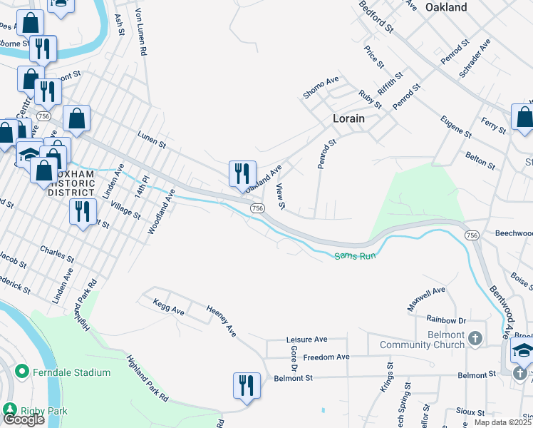 map of restaurants, bars, coffee shops, grocery stores, and more near 484 Ohio Street in Johnstown