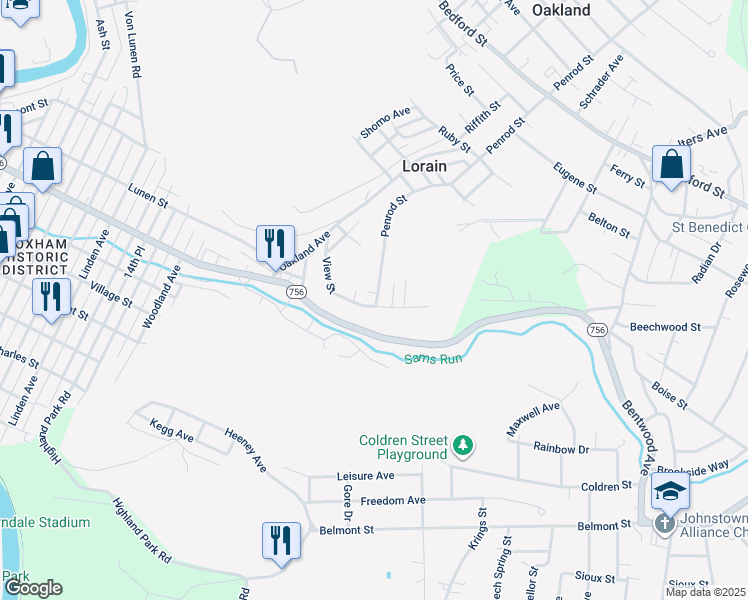 map of restaurants, bars, coffee shops, grocery stores, and more near 276 View Street in Johnstown