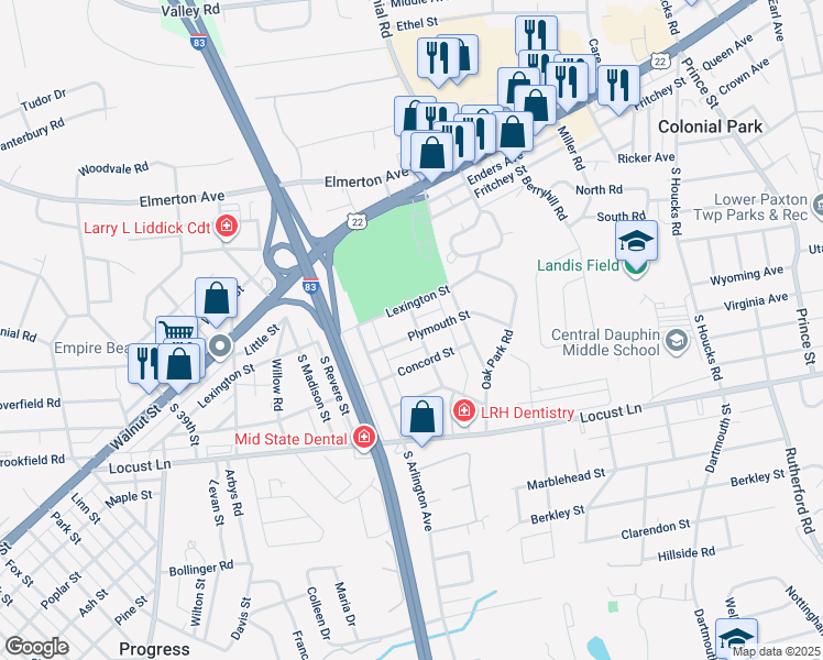 map of restaurants, bars, coffee shops, grocery stores, and more near 114 Lafayette Street in Harrisburg