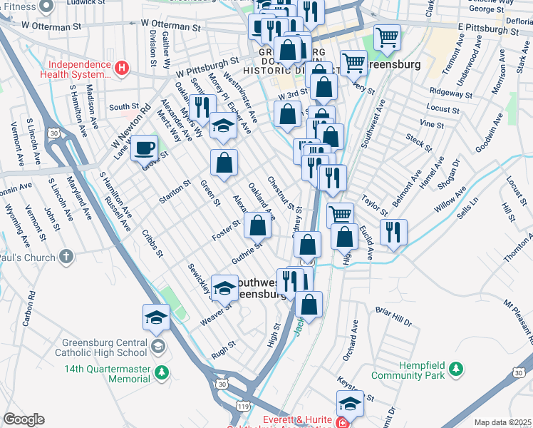map of restaurants, bars, coffee shops, grocery stores, and more near 606 Oakland Avenue in Greensburg