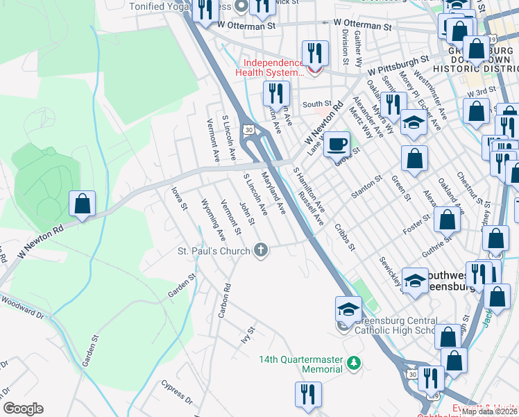 map of restaurants, bars, coffee shops, grocery stores, and more near 248 South Lincoln Avenue in Greensburg