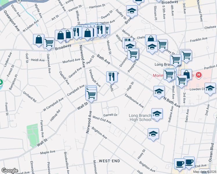 map of restaurants, bars, coffee shops, grocery stores, and more near 550 Winter Street in Long Branch