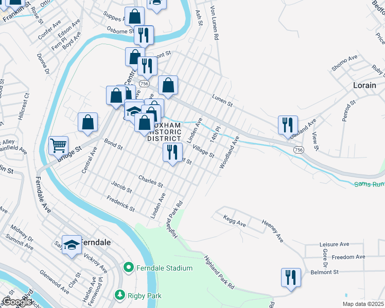 map of restaurants, bars, coffee shops, grocery stores, and more near 608 Russell Avenue in Johnstown