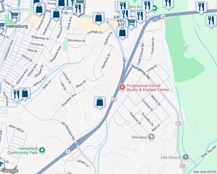 map of restaurants, bars, coffee shops, grocery stores, and more near 744 Jeffrey Street in Greensburg