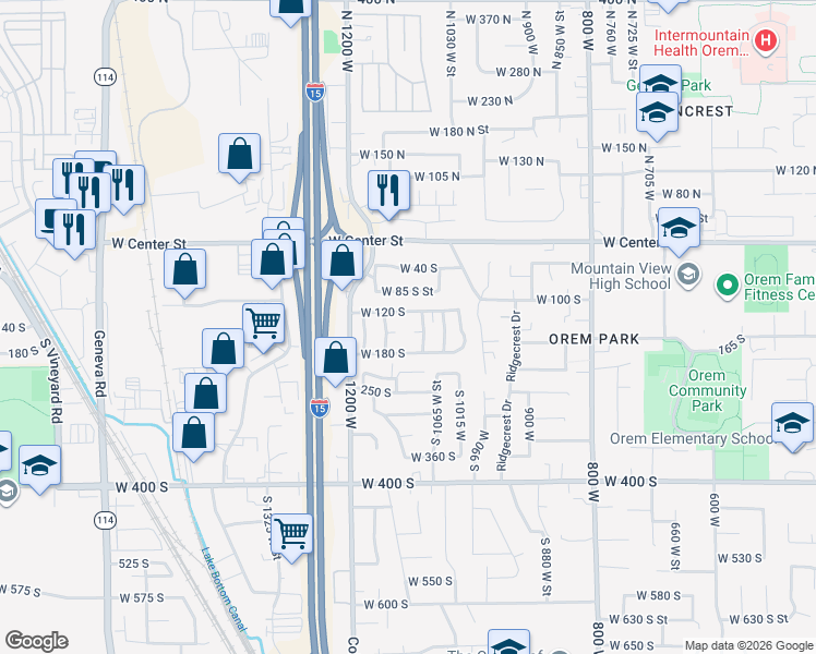 map of restaurants, bars, coffee shops, grocery stores, and more near 155 South 1200 West Street in Orem