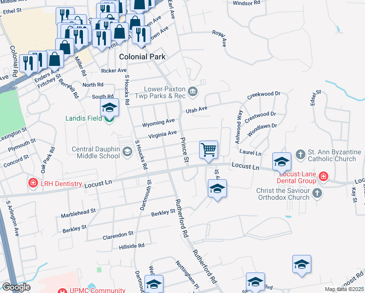 map of restaurants, bars, coffee shops, grocery stores, and more near 4931 Mauretania Avenue in Harrisburg