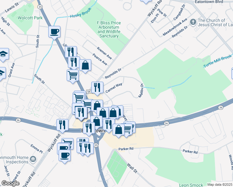 map of restaurants, bars, coffee shops, grocery stores, and more near 17 Malibu Drive in Eatontown