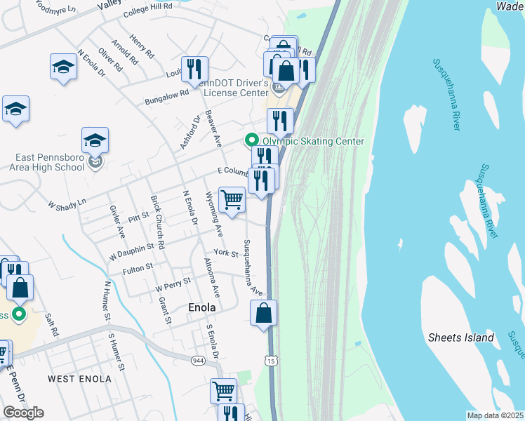 map of restaurants, bars, coffee shops, grocery stores, and more near 219 North Enola Road in Enola