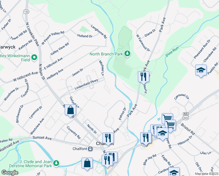 map of restaurants, bars, coffee shops, grocery stores, and more near 864 Patrick Place in Chalfont