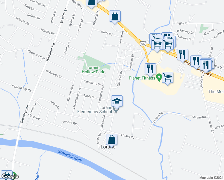 map of restaurants, bars, coffee shops, grocery stores, and more near 723 Eastwick Drive in Reading