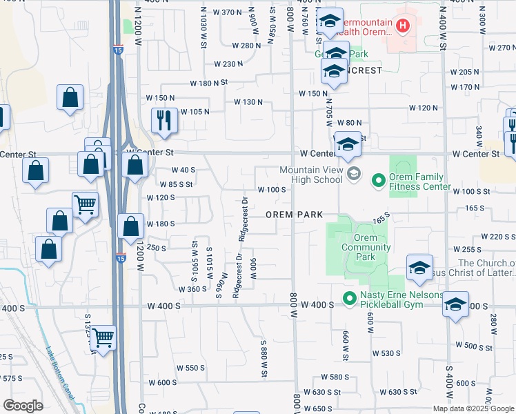 map of restaurants, bars, coffee shops, grocery stores, and more near 153 Ridgecrest Drive in Orem