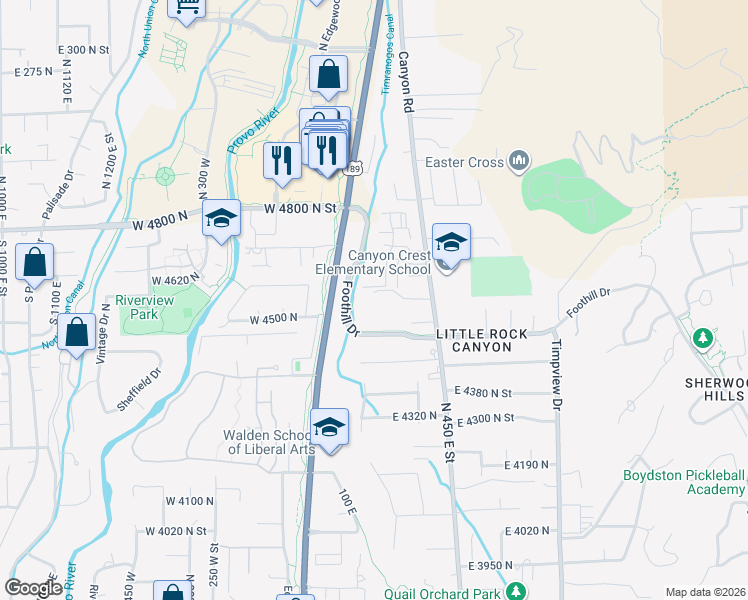 map of restaurants, bars, coffee shops, grocery stores, and more near 144 East 4620 North in Provo