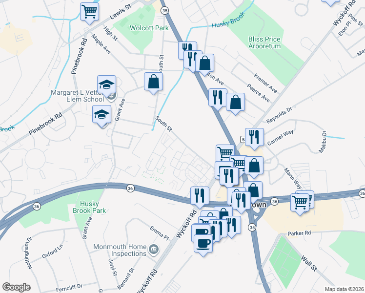 map of restaurants, bars, coffee shops, grocery stores, and more near 310 South Street in Eatontown
