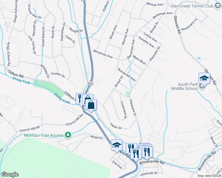 map of restaurants, bars, coffee shops, grocery stores, and more near 620 Whitewood Street in Allegheny County