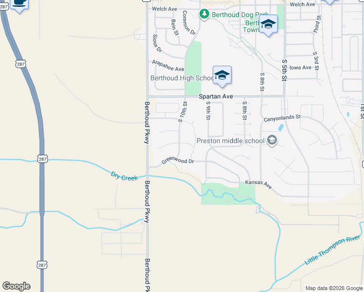 map of restaurants, bars, coffee shops, grocery stores, and more near 1045 Gabriella Lane in Berthoud