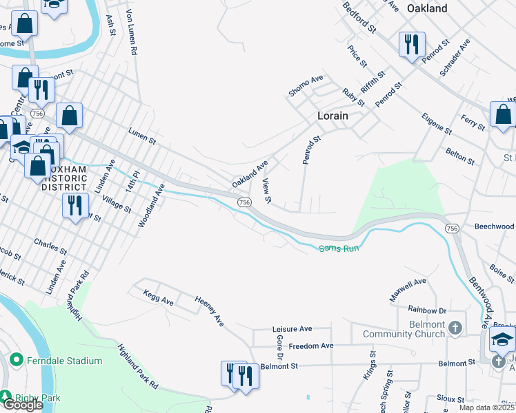 map of restaurants, bars, coffee shops, grocery stores, and more near 484 Ohio Street in Johnstown