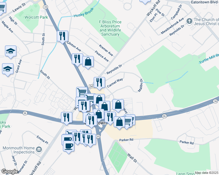 map of restaurants, bars, coffee shops, grocery stores, and more near 2 Carmel Way in Eatontown