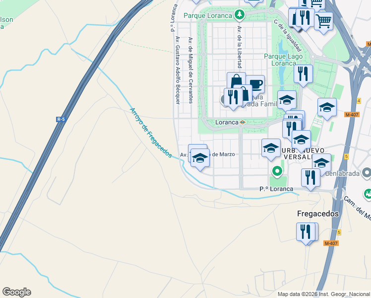 map of restaurants, bars, coffee shops, grocery stores, and more near 8 Avenida del Ocho de Marzo in Fuenlabrada