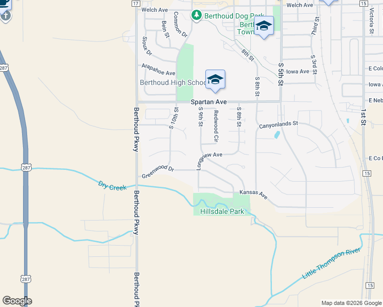 map of restaurants, bars, coffee shops, grocery stores, and more near 950 Gabriella Lane in Berthoud