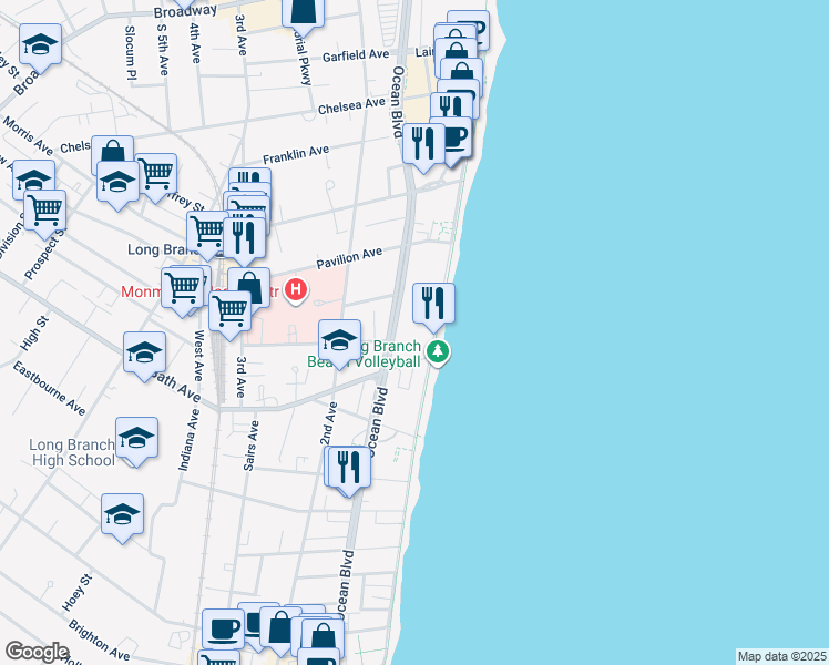 map of restaurants, bars, coffee shops, grocery stores, and more near 310 North Ocean Avenue in Long Branch