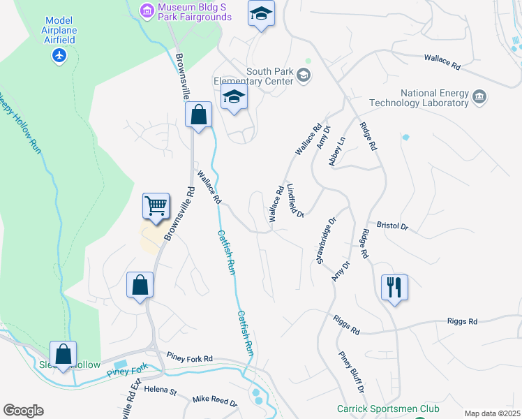 map of restaurants, bars, coffee shops, grocery stores, and more near 2100 Squires Manor Lane in South Park Township