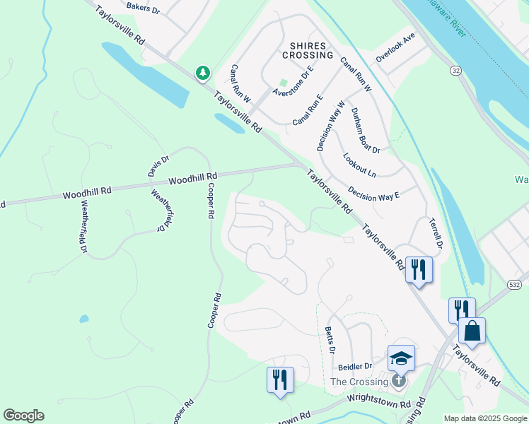 map of restaurants, bars, coffee shops, grocery stores, and more near 19 Commanders Drive in Washington Crossing