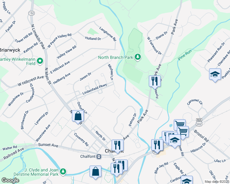 map of restaurants, bars, coffee shops, grocery stores, and more near 643 Patrick Place in Chalfont
