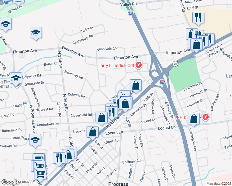 map of restaurants, bars, coffee shops, grocery stores, and more near 3925 Rauch Street in Harrisburg