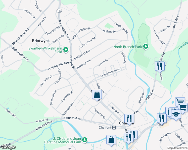 map of restaurants, bars, coffee shops, grocery stores, and more near 2 Jana Circle in Chalfont