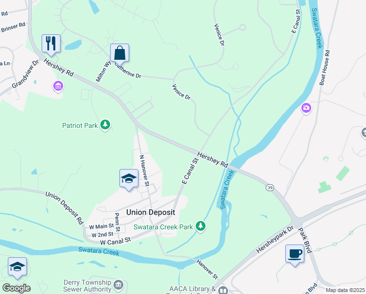 map of restaurants, bars, coffee shops, grocery stores, and more near 104 Hershey Road in Hershey