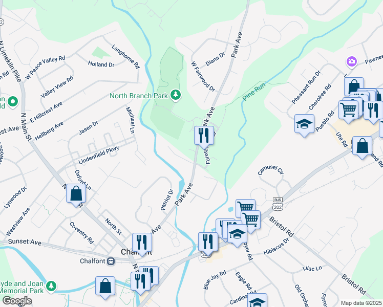 map of restaurants, bars, coffee shops, grocery stores, and more near 181 Park Avenue in Chalfont