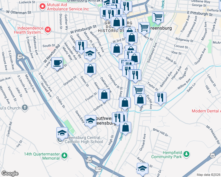 map of restaurants, bars, coffee shops, grocery stores, and more near 606 Oakland Avenue in Greensburg