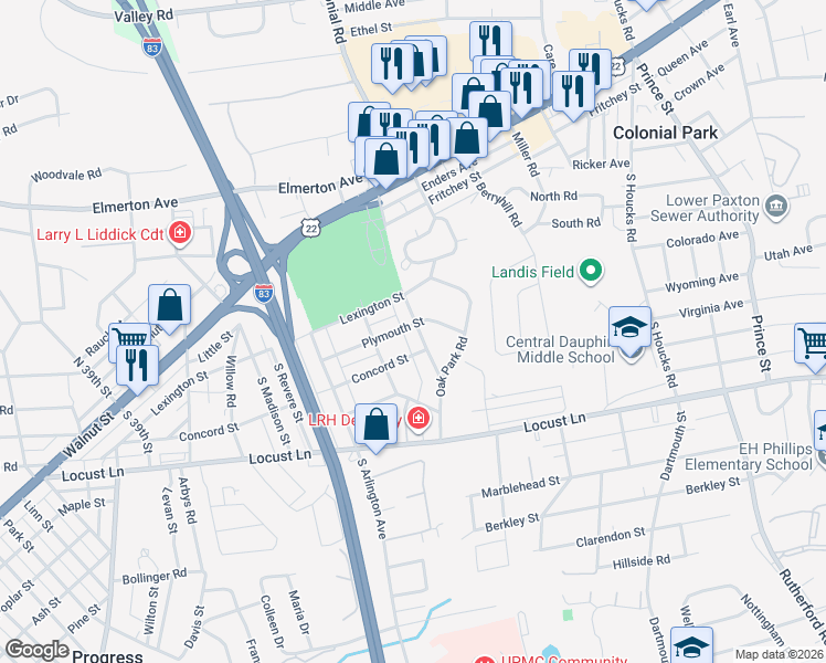 map of restaurants, bars, coffee shops, grocery stores, and more near 120 Maple Road in Harrisburg