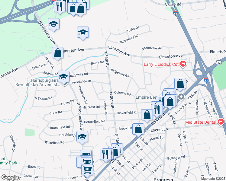 map of restaurants, bars, coffee shops, grocery stores, and more near 3602 Brookridge Terrace in Harrisburg